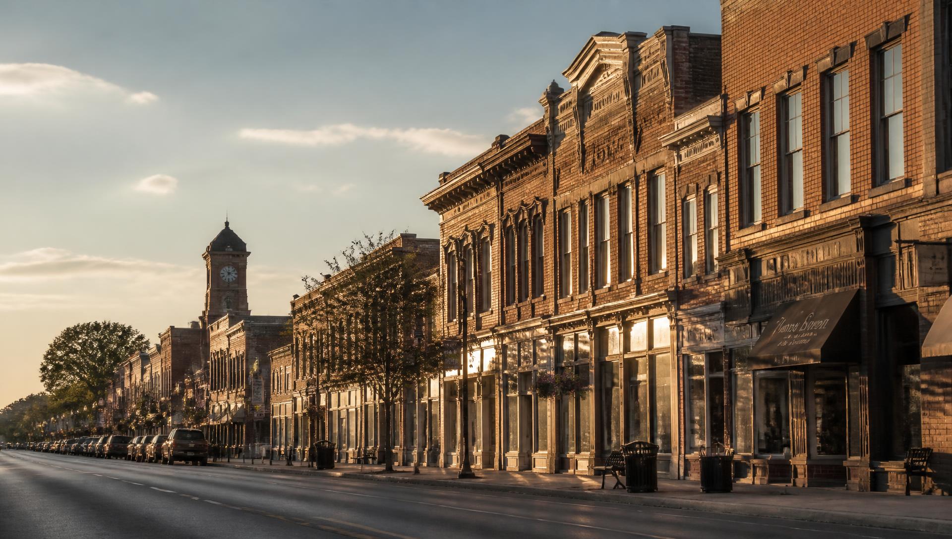 Historic brick main street storefronts in a Michigan town at golden hour