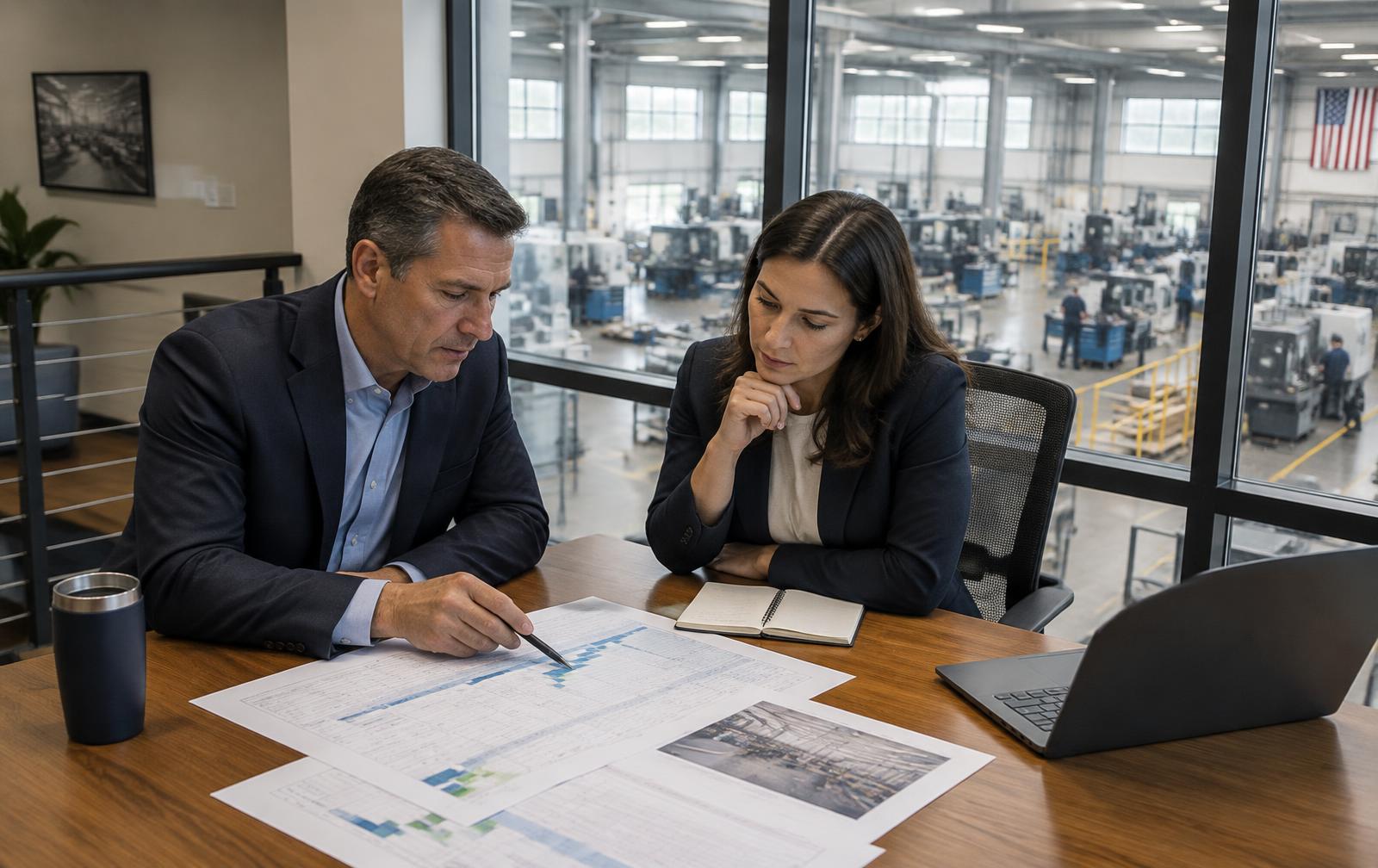 Two executives reviewing operating plans above a manufacturing floor