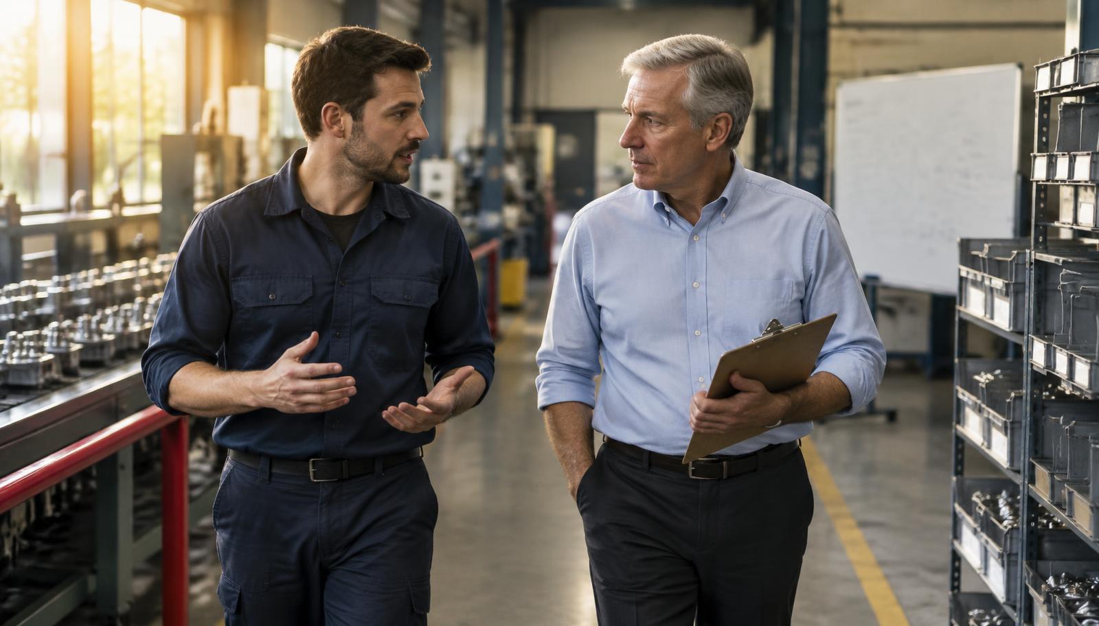 An executive walking a manufacturing floor with a supervisor